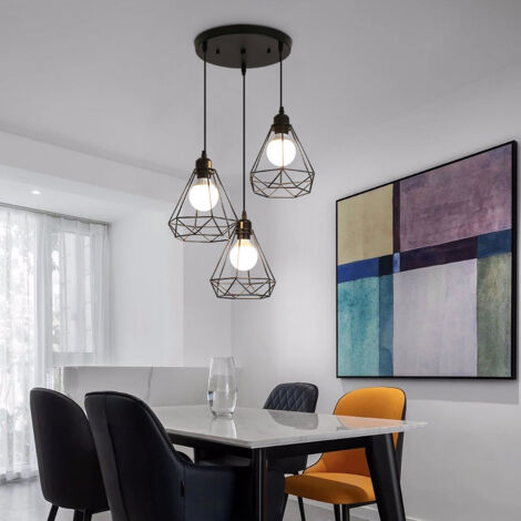 GOECO 3 Lamps Industrial Suspension Vintage Metal Suspension Style Geometric Cage E27 Vintage suspension lamp - Black