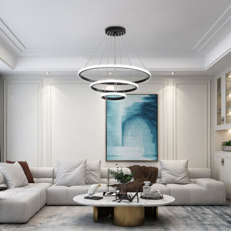 GOECO Modern Suspension LED Ceiling Light Chandelier Aluminum LED 76W Circle Shape 3 Rings Adjustable Hanging Ceiling Light Fixture, Dimmable 3000K/4500K/6500K, Black