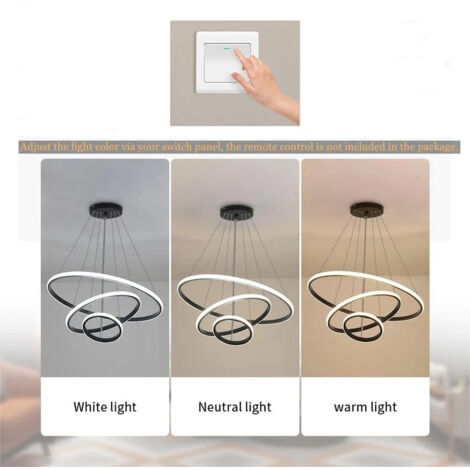 GOECO Modern Suspension LED Ceiling Light Chandelier Aluminum LED 76W Circle Shape 3 Rings Adjustable Hanging Ceiling Light Fixture, Dimmable 3000K/4500K/6500K, Black