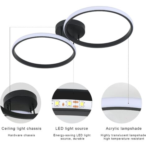 GOECO LED ceiling light, 36W modern ceiling lamp, LED double ring ceiling light, black acrylic ceiling light for bedroom, living room, office