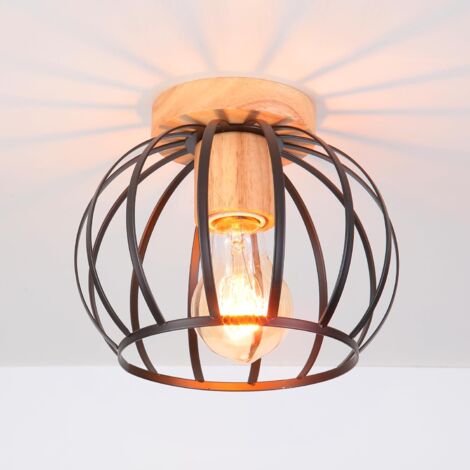 GOECO Vintage Black Ceiling Light, E27 Socket, Metal Cage Lampshade with Wooden Base, Pendant Light Fixture for Entryway, Balcony and Dining Room, Diameter 19cm [Energy Class E]