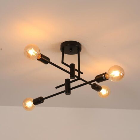 Goeco Black Industrial 4-Light Molecular Ceiling Light, E27 Semi-Flush Mount Fixture, Spider Style Chandelier for Living Room Bedroom Hallway
