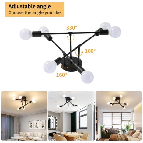 GOECO Plafón LED Moderno, Lámpara de Araña Retro de 6 Luces con Base E27, Lámpara Colgante de Estilo Vintage en Metal para Salón, Habitación, Cocina, Pasillo, Loft, Bar, Café, Negro (Sin bombillas)