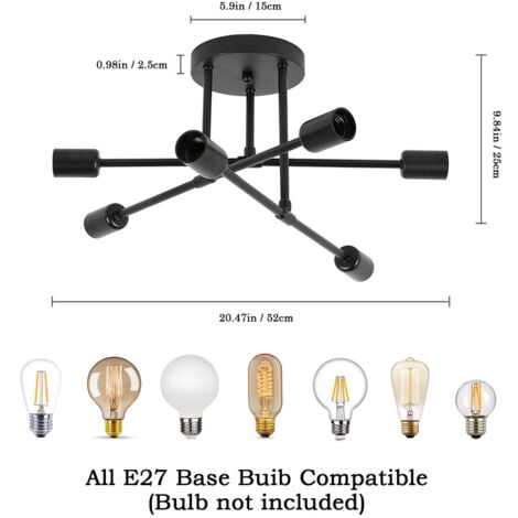 GOECO Plafón LED Moderno, Lámpara de Araña Retro de 6 Luces con Base E27, Lámpara Colgante de Estilo Vintage en Metal para Salón, Habitación, Cocina, Pasillo, Loft, Bar, Café, Negro (Sin bombillas)