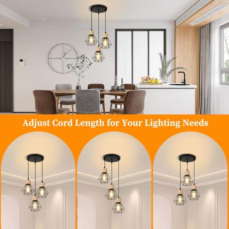 GOECO Lámpara Colgante  de Madera, Lámpara Industrial de Metal, 3 Luces, Lámpara de Techo Vintage E27 para Dormitorio, Salón, Cocina, Escalera, Pasillo (Bombilla no incluida)