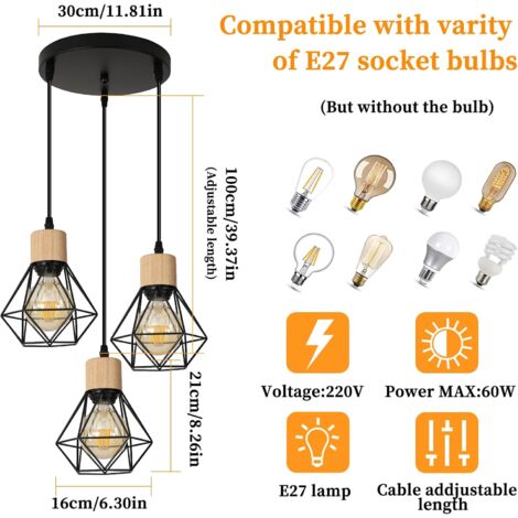 GOECO Lámpara Colgante  de Madera, Lámpara Industrial de Metal, 3 Luces, Lámpara de Techo Vintage E27 para Dormitorio, Salón, Cocina, Escalera, Pasillo (Bombilla no incluida)
