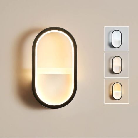 GOECO Lámpara de Pared LED Moderna, 3000K, 4000K, 6000K Luz de Pared Ajustable de 3 Colores, Aplique Pared Interior Ovalado Negro de 16W para Pasillo, Dormitorio, Salón (Control de Interruptor)
