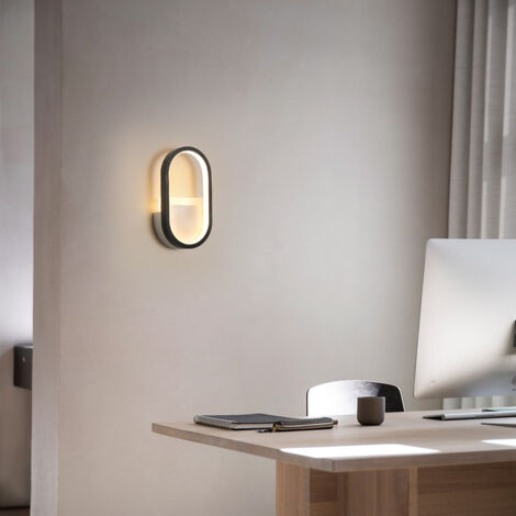GOECO Lámpara de Pared LED Moderna, 3000K, 4000K, 6000K Luz de Pared Ajustable de 3 Colores, Aplique Pared Interior Ovalado Negro de 16W para Pasillo, Dormitorio, Salón (Control de Interruptor)
