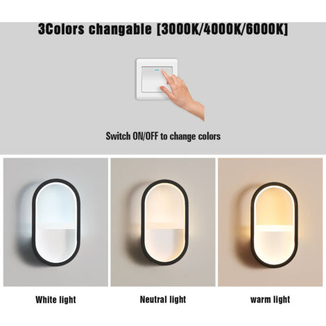 GOECO Lámpara de Pared LED Moderna, 3000K, 4000K, 6000K Luz de Pared Ajustable de 3 Colores, Aplique Pared Interior Ovalado Negro de 16W para Pasillo, Dormitorio, Salón (Control de Interruptor)