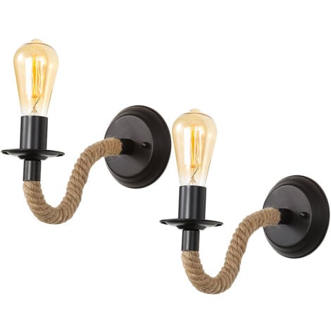 GOECO 2 Stück Wandleuchte Innen, Wandleuchte Retro, Hanfseil Schwarz Industrial E27 Wandlampe für Schlafzimmer, Wohnzimmer, Treppen, Flur (ohne Leuchtmittel)