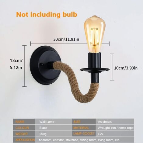 GOECO 2 Stück Wandleuchte Innen, Wandleuchte Retro, Hanfseil Schwarz Industrial E27 Wandlampe für Schlafzimmer, Wohnzimmer, Treppen, Flur (ohne Leuchtmittel)