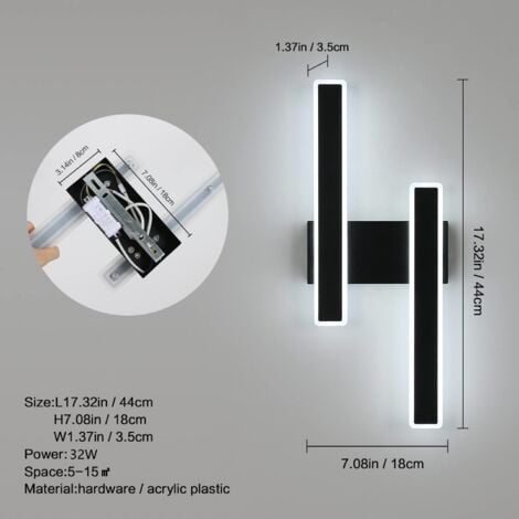 GOECO LED Wandleuchte Innen, 44CM Dimmbare 32W LED Nachttischlampe Dreifarbig Wandleuchte Innen Schwarz 3000-6000K für Schlafzimmer Wohnzimmer Badezimmer Treppe Flur