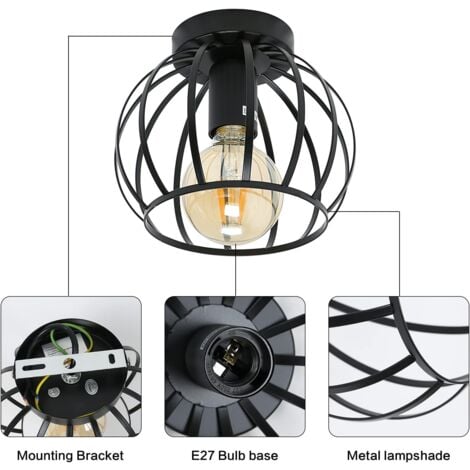 GOECO Vintage Deckenleuchte,Schwarz Semi Unterputz Deckenleuchte,Metallkäfig Deckenlampenschirm mit E27 Halter für Wohnzimmer Küche Schlafzimmer Flur Innenhof