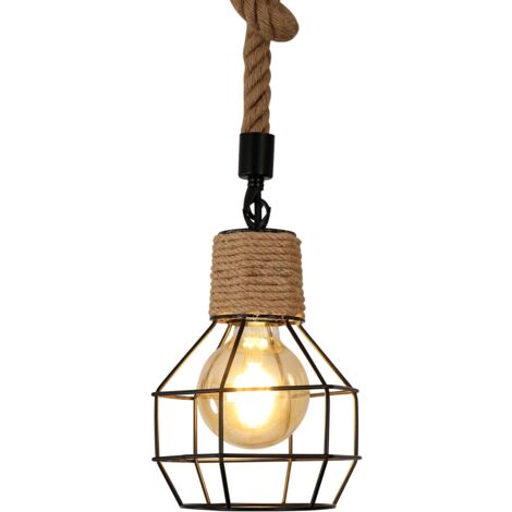 GOECO Vintage Pendelleuchte Holz Esstisch, 1 Flammige Hängelampe Hanfseil Holz Kronleuchter Metall Schwarz, Verstellbare Hängeleuchte Retro, Pendellampe Wohnzimmer Küche Bar, E27