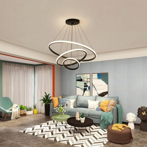 GOECO Moderne LED-Hängeleuchte, Aluminium LED-Lampe 76W in Kreisform mit 3 Ringen, Höhenverstellbarer Hängelampe, Dimmbar 3000K/4500K/6500K, Schwarz