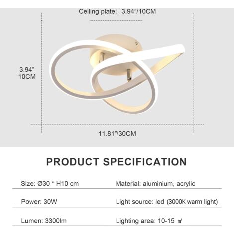 GOECO LED-Deckenleuchte, 30 W, modernes Design, warmweiß 3000 K, Deckenlampe für Wohnzimmer, Schlafzimmer, Esszimmer, Büro, weiß, Durchmesser 30 cm