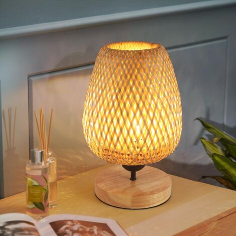 GOECO Tischlampe aus Bambusgeflecht, Designer-Nachttischlampe mit  Lampenschirm aus Bambus, Leselampe mit Sockel aus Naturholz fr  Schlafzimmer, Bro, Esszimmer und Wohnzimmer