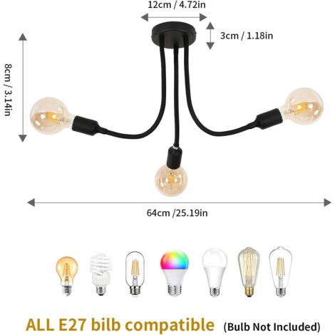 GOECO Kronleuchter Deckenleuchte, 3-flammig, Retro-Deckenleuchte aus schwarzem Metall, E27-Sockel, Wohnzimmer-Kronleuchter, verstellbarer Lichtarm, Deckenlampe für Schlafzimmer, Küche, Café (keine Glü
