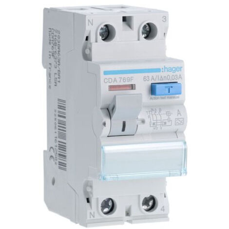 Hager – Interrupteur différentiel 2P 63A 30mA type A – Protection contre les risques électriques – Tension 230V – Courant de défaut 30mA
