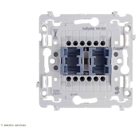 Hager – Double va-et-vient volet roulant – Interrupteur pour intérieur – Largeur 73mm – Hauteur 70mm – Courant 10A – Tension 250V