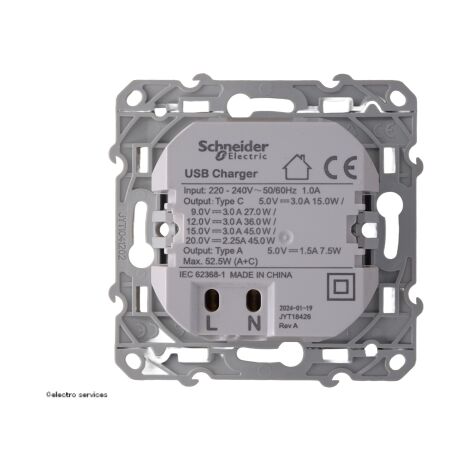 Double chargeur USB A 7,5W +C 45W - Forte puissance type C - Ovalis Schneider  Finition: Blanc