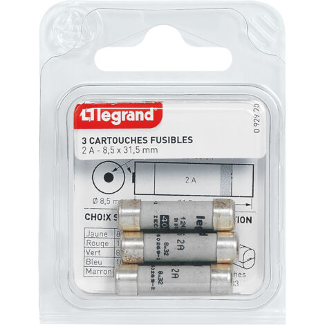 Legrand – Cartouches fusibles cylindriques 2A – Avec témoin de fusion – Dimensions 8,5x31,5mm – Puissance de coupure 20kA