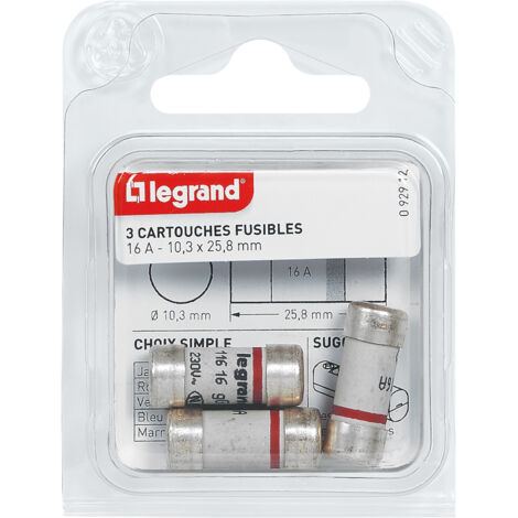 Legrand – Cartouches fusibles sans témoin 16A – 3 pièces 10,3x25,8mm – Protection circuits électriques – 92912