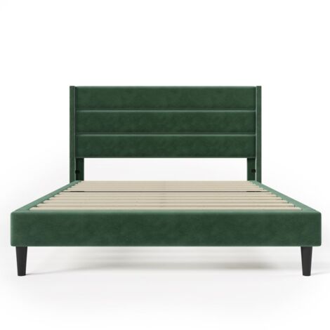 Letto matrimoniale imbottito 140 x 200 cm, con rete a doghe e testata, copriletto in velluto verde scuro (1/5)