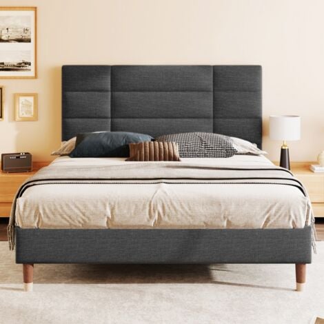 Letto matrimoniale imbottito per adulti, con rete a doghe, 140 x 200 cm, tessuto di lino grigio scuro