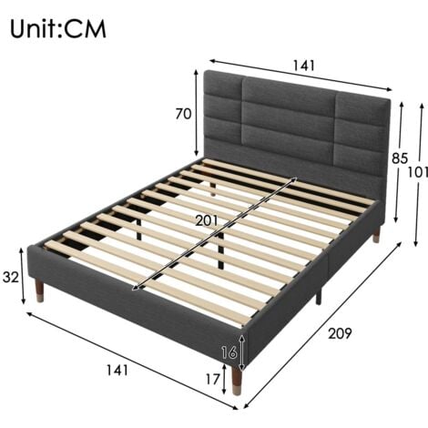 Letto matrimoniale imbottito per adulti, con rete a doghe, 140 x 200 cm, tessuto di lino grigio scuro