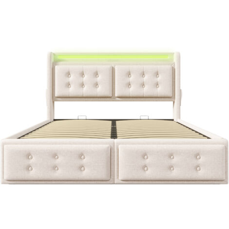 Letto matrimoniale imbottito 160x200 con testata a LED e caricatore USB C, beige (senza materasso) (1/5)