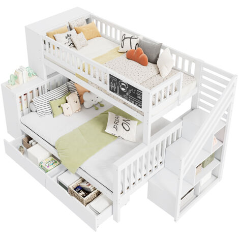 Letto singolo per bambini, letto a castello doppio con pannello graffiti, scala, cassetti, 140x200 cm + 90x200 cm, bianco