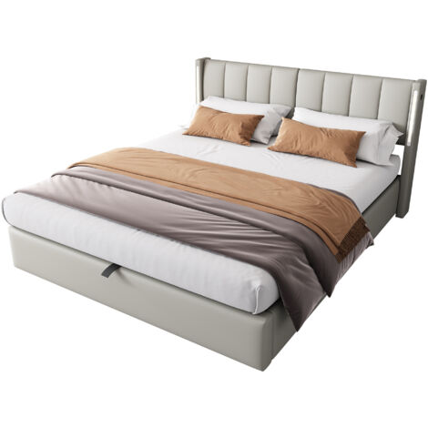Letto Baule 140x200 Cm Con LED E Ricarica USB - Velluto Beige, Testiera Imbottita, Idraulico, Per Camera Da Letto - Foto 8