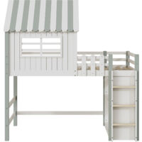 Letto per bambini 90x200 cm, a forma di tetto con scala di sicurezza e contenitore, verde