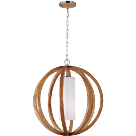 Elstead Allier - Grande suspension de plafond sphérique à 1 ampoule en acier brossé, bois clair, E27 (1/5)