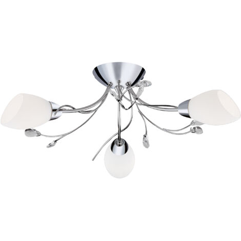 Plafonnier GARDENIA 3L affleurant style florale acier chromé et diffuseur verre blanc, pampilles cristal, E14 3x60w maxi, diamètre 60cm (1/3)