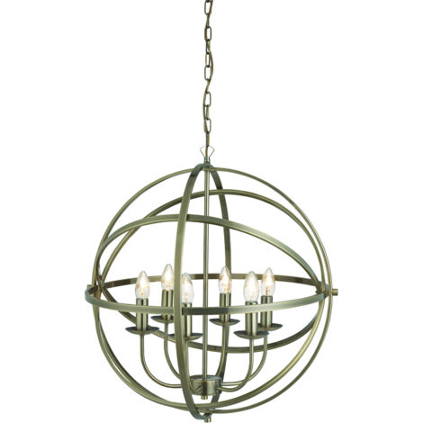 Searchlight Orbit - Suspension de plafond à cage sphérique à 6 ampoules, laiton antique, E14 (1/5)