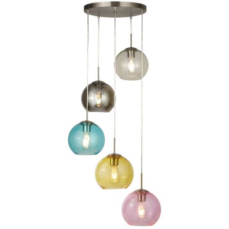 Searchlight Mardi Gras - Pendentif à 5 grappes de lumière argent satiné, bleu, fumé, jaune, rose, E27 (1/3)