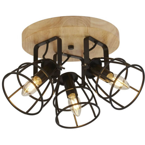 Vision Plafonnier rond à 3 lumières, noir mat et bois (1/3)