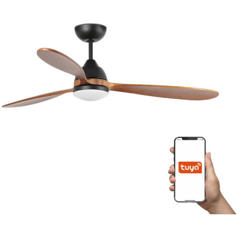 Faro Poros Grand ventilateur de plafond à 3 pales, noir mat, noyer, avec éclairage 2 700 K, système intelligent Tuya (1/2)