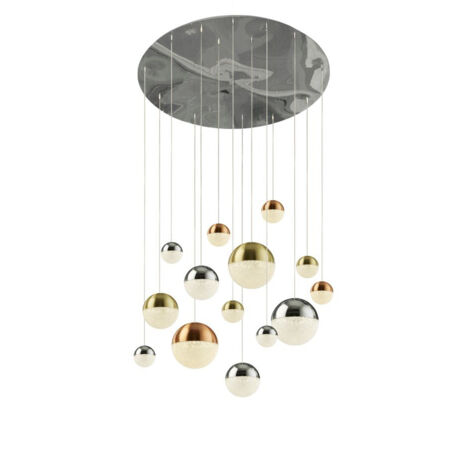Searchlight Planets Suspension à 14 lampes en cuivre, chrome, capuchons en laiton satiné et cristal de sable 4000K (1/3)