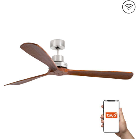 Faro Lantau Ventilateur de plafond XL à 3 pales, nickel satiné et noyer, système intelligent Tuya (1/3)