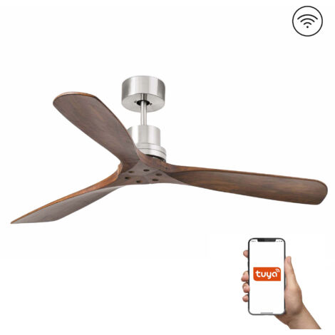 Faro Lantau Grand ventilateur de plafond à 3 pales, nickel satiné et noyer, système intelligent Tuya (1/3)