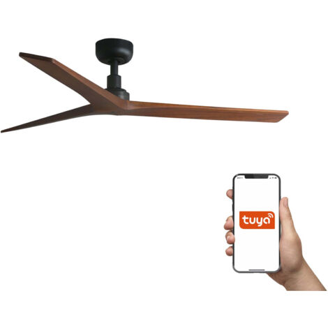 Faro Klim Ventilateur de plafond moyen à 3 pales, noir mat, noyer, système intelligent Tuya (1/3)