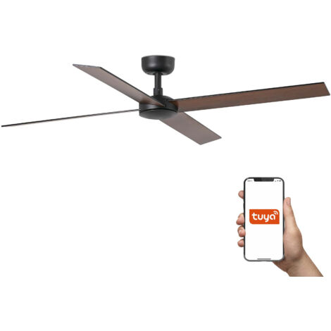 Faro Rudder Grand ventilateur de plafond à 4 pales, noir mat, noyer, système intelligent Tuya (1/2)