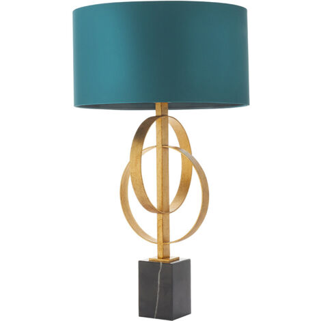 Merano Trento Lampe de table feuille d'or antique et tissu satiné bleu sarcelle (1/5)