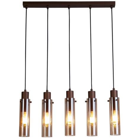 Searchlight Sweden Suspension de plafond à 5 lampes II en métal moka et verre ambré (1/4)