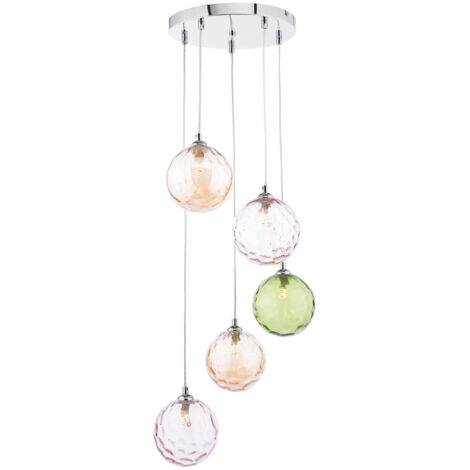 Dar Federico Plafonnier suspendu à 5 lumières, chrome poli, verre à fossettes de 150 mm de couleurs mélangées (1/4)