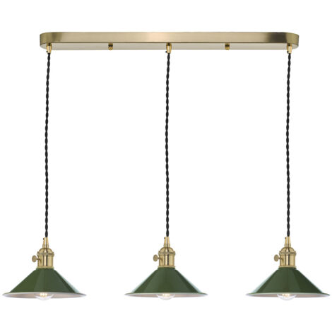 Hadano Suspension à barre en laiton à 3 lumières avec abat-jour en forme de dôme vert olive (1/5)