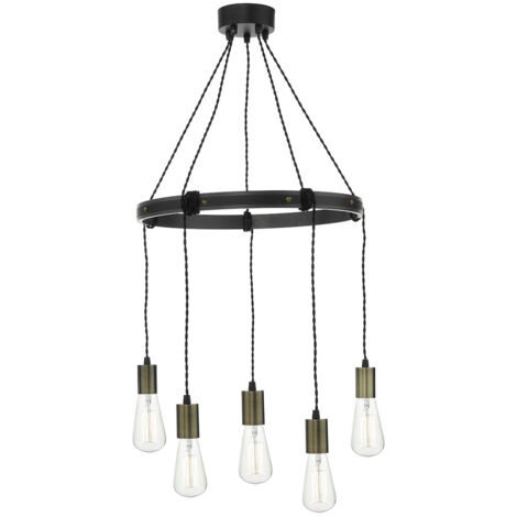 DAR IVAN - Lampe à suspension en bois rustique avec détail en laiton vieilli, 5x E27 (1/4)
